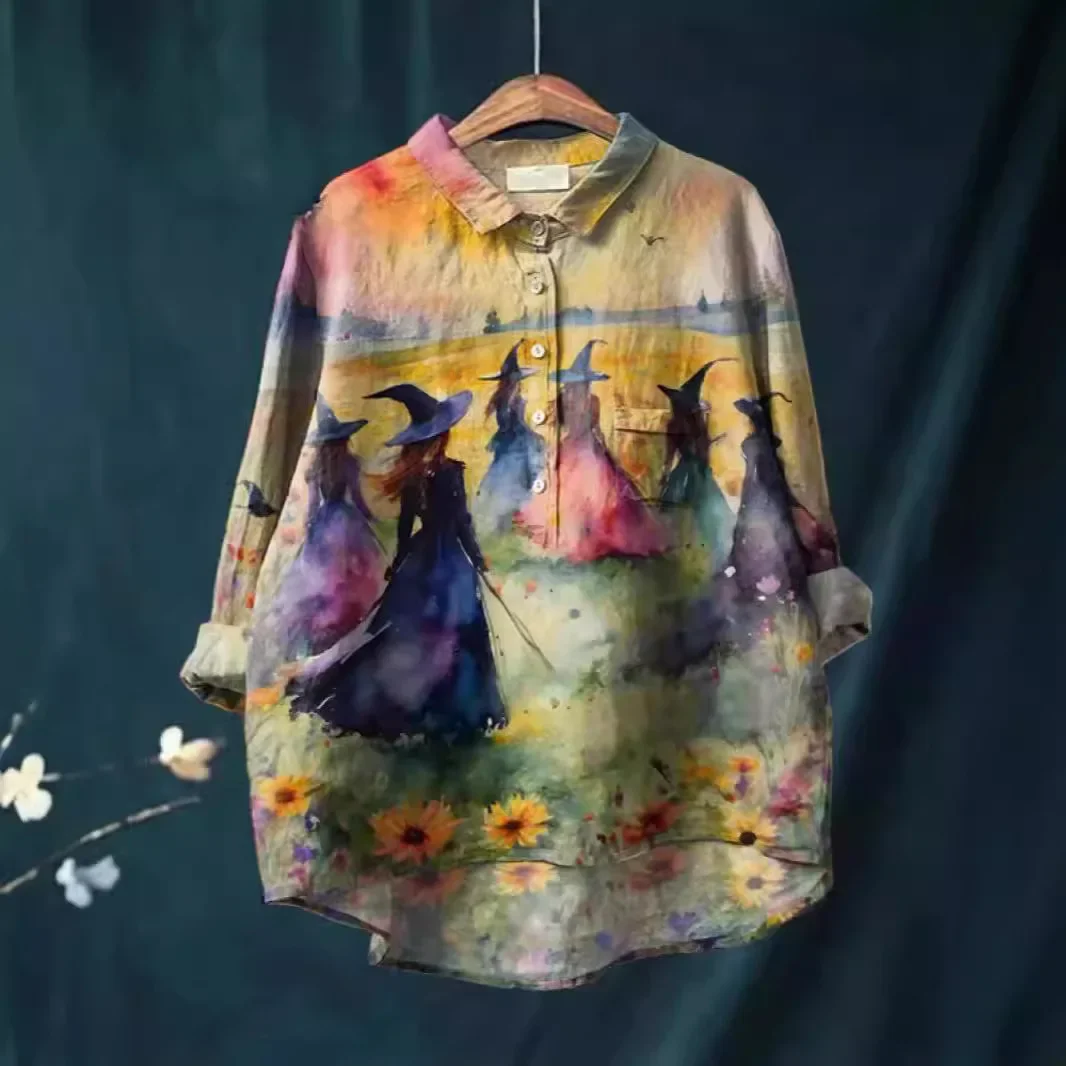 

Новая рубашка ведьмы с широкими карманами, тематика Хэллоуина, женская повседневная и модная футболка из полиэстера на пуговицах, футболка с длинными рукавами