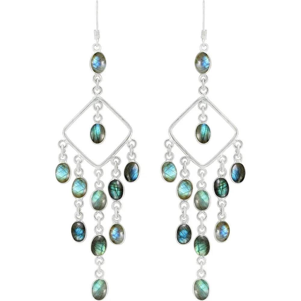 

Handmade 925 silver plated dangle earrings with natural oval gemstones boho style birthstone gift for her