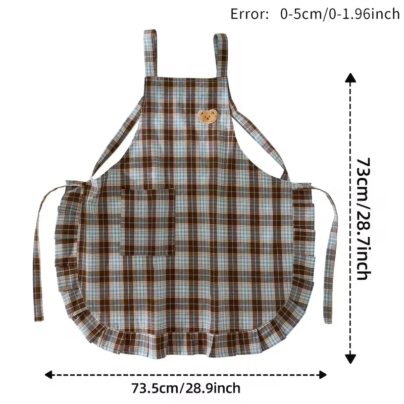 Women Vintage Plaid Kitchen Apron Cute Bear Patch Sleeveless H-Strap Back Tie Large Pocket Anti-oil Cooking Bib - view 6