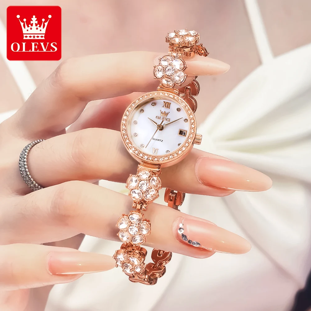 OLEVS 5633 レディース腕時計エレガントなダイヤモンドチェーンウォッチ高級女性のドレスギフトウォッチ自動日付オリジナルクォーツ女性腕時計