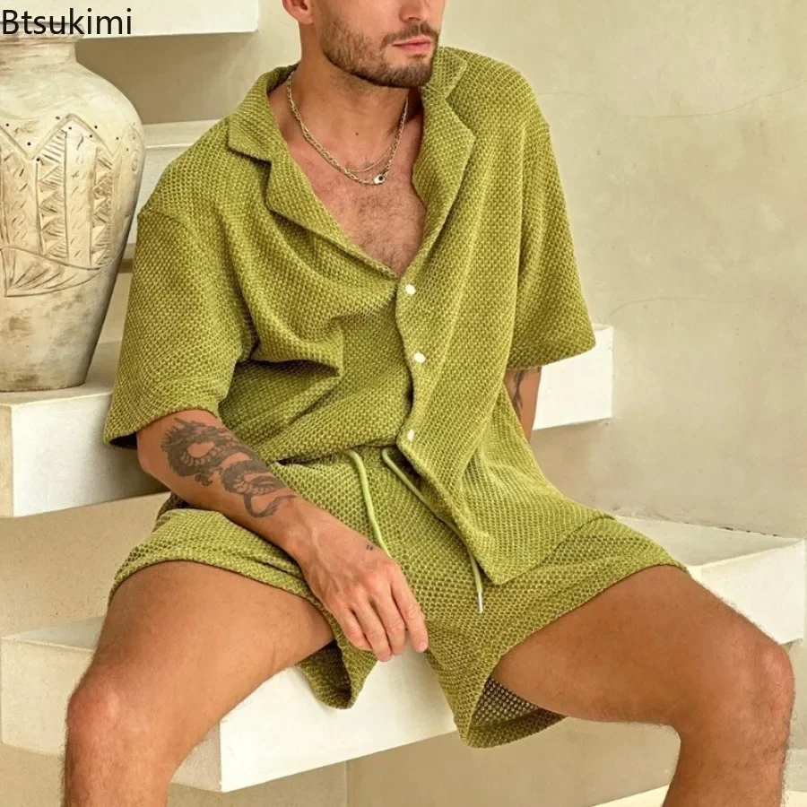 Summer Solid Breathable Casual Suits Men\'s Fashion Loose Button Lapel Shirt Tops and Drawstring Shorts Two Pieces Tracksuit Men