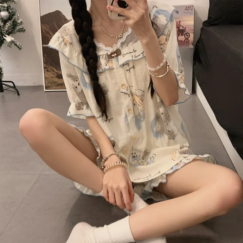 Летний пижамный комплект большого размера, 140 кг, женский корейский студенческий милый пижамный комплект с героями мультфильмов, шорты с короткими рукавами, комплект из 2 предметов, домашняя одежда