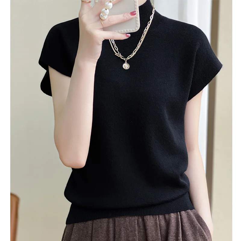 Merino Wool Knitted T-shirt Women\'s Summer 2023 New Half Height Pullover Short Sleeve Vest Fashion Basic Solid Color Women\'s Top