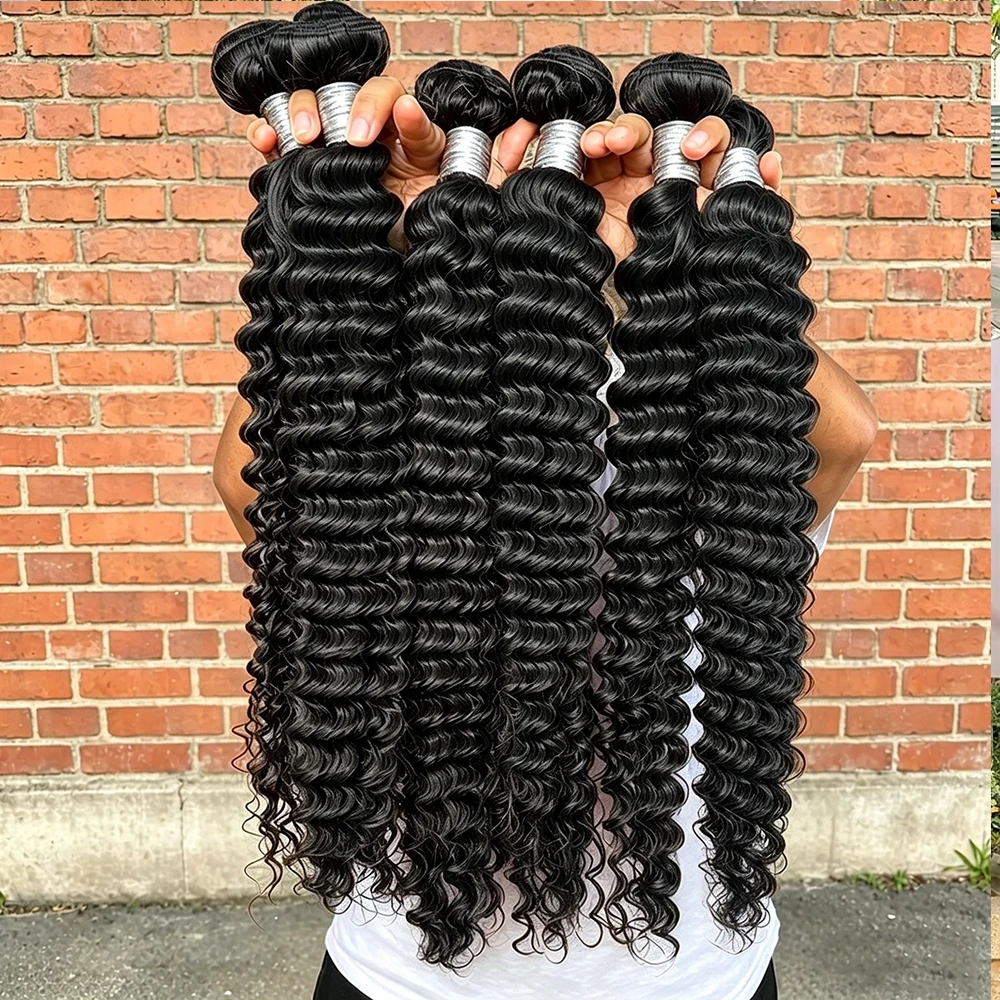 

16A Deep Curly Bundles Human Hair 26 28 30 Inch Deep Wave Raw 1 3 4 Hair Bundles Unprocessed Double Weft Hair Extensions Weave