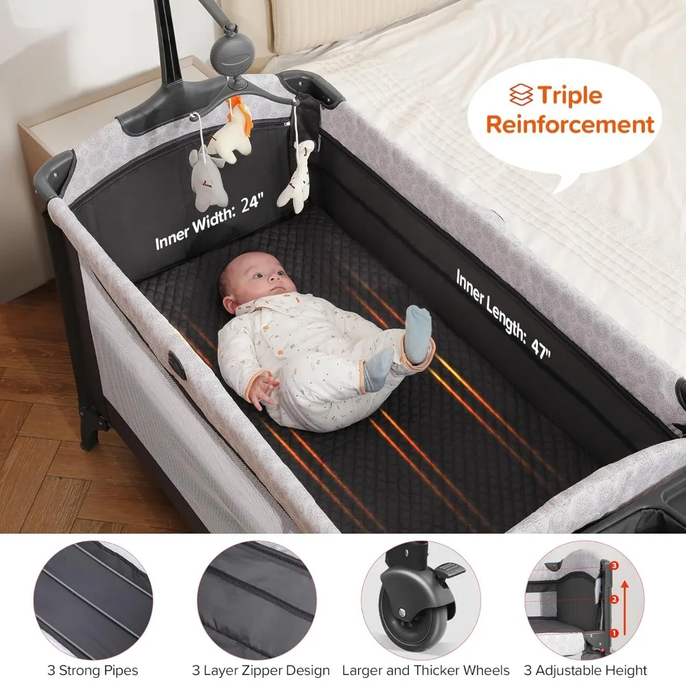 4 in 1 Wide Baby Bassinet Bedside with Diaper Changer,Long Next to Bed Crib with Mattress,Sheet,Music and Blackout Cover