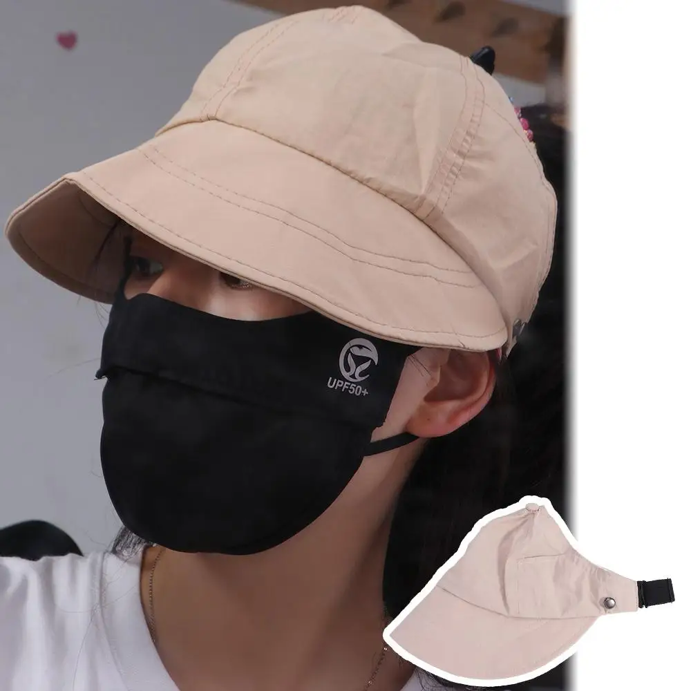 Foldable Sunshade Empty Top Hat Solid Color Bucket Hat Suncreen Peaked Cap Sun Hat Mask Hanging Ponytail Cap Beach