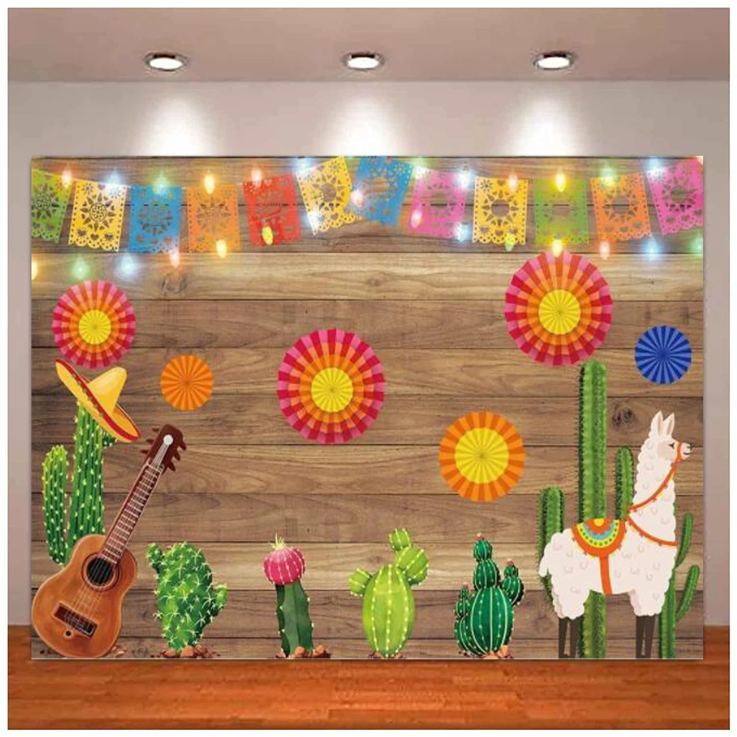 

Mexican Fiesta Photography Backdrop Cactus Guitar Party Background Cinco De Mayo Colorful Flags Paper Flowers Cake Table Decor