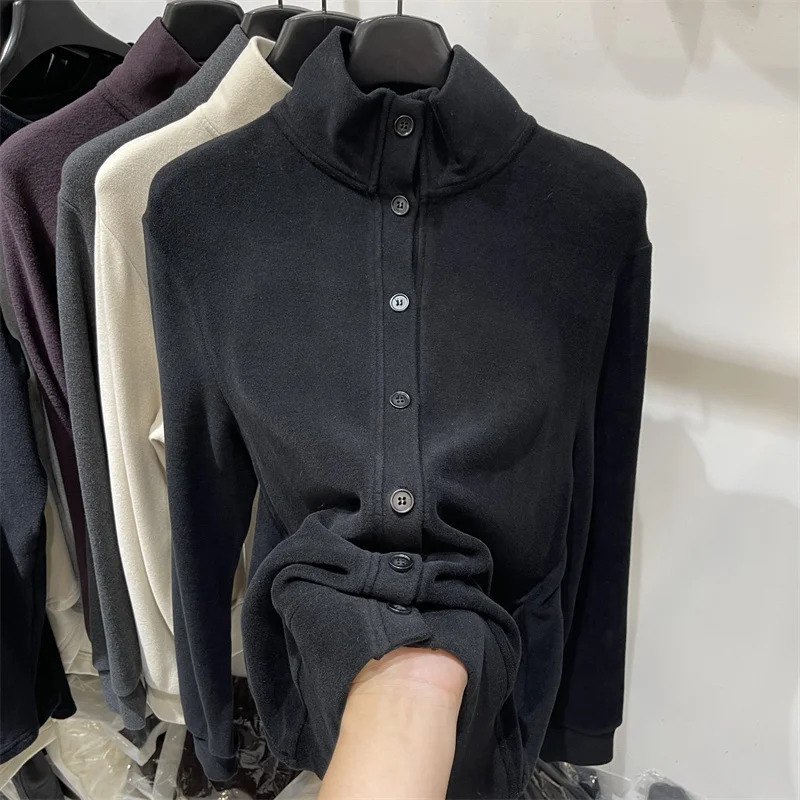 مزدوجة الوجهين أفخم البلوز المرأة الخريف الشتاء لينة الوقوف طوق واحدة الصدر فضفاضة سميكة سترة بأكمام طويلة