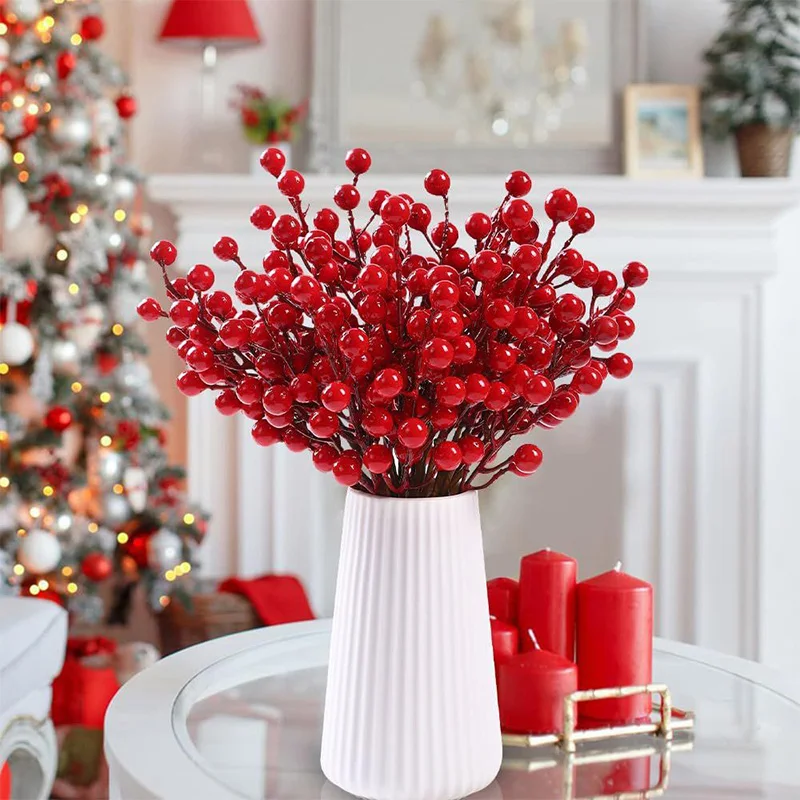 5-20Pcs Artificial Christmas Red Fruits Branch Holly Berries Plants Fake Xmas Tree Decorations for New Year Party Home Ornament