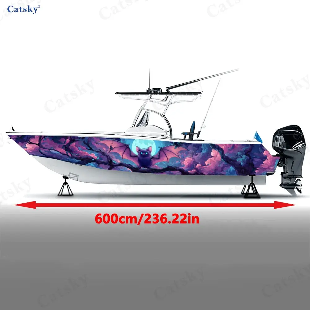 Purple Night Bat Full Moon Boat Stickers, PVC Waterproof Durable Vinyl Wrap Decals for Fishing Boats, Durable and Stylish Design