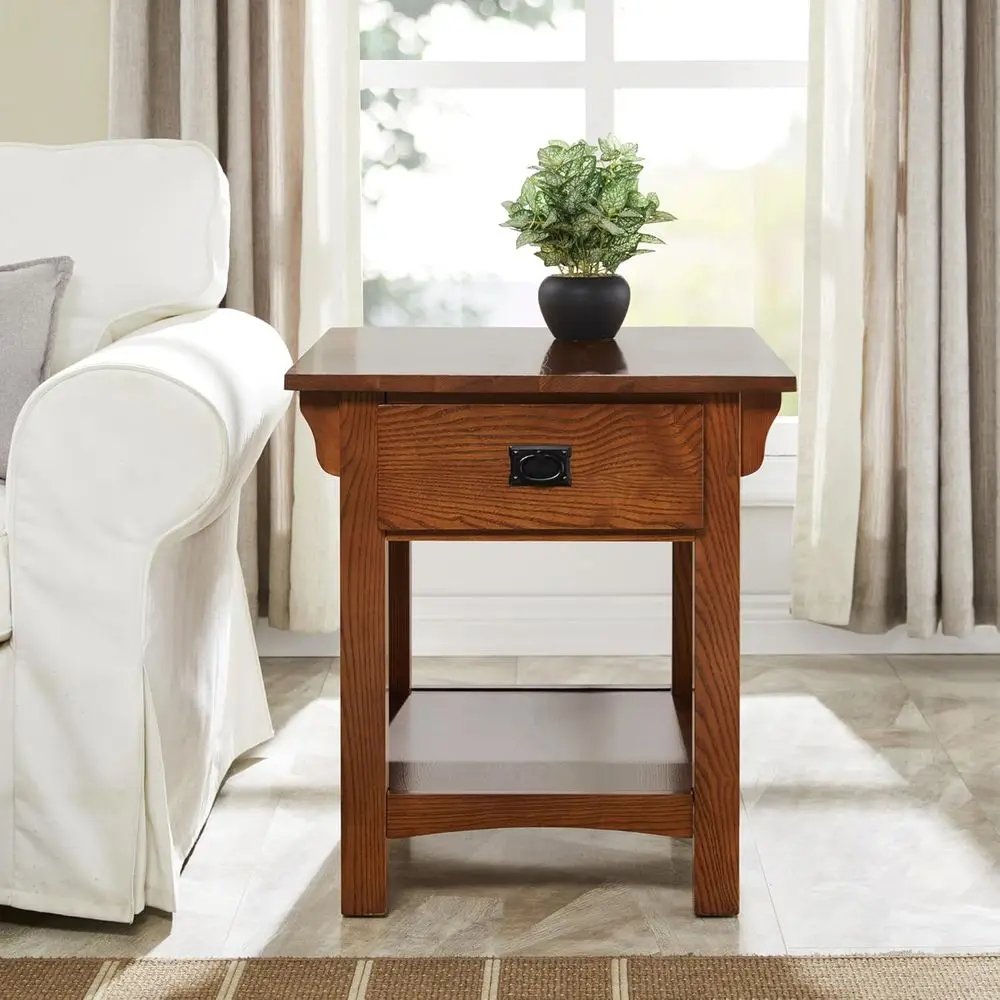 Solid Wood Mission Style End Table with Storage Drawer, Secret Compartment, Bottom Shelf, Easy Assembly, Medium Oak Finish, 20x2