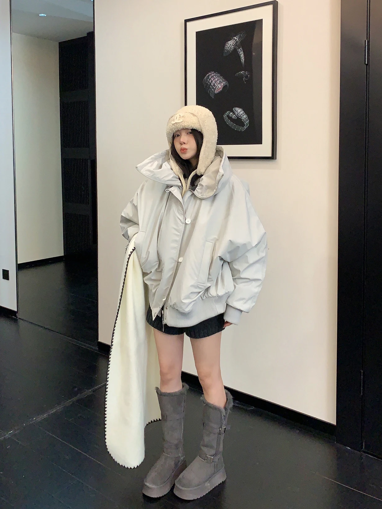 

Oisis Thiened Loose Women's Cotton Jaet Large Collar Comfortable Warmth Korean Sle Long Sve Zipper Closure Color