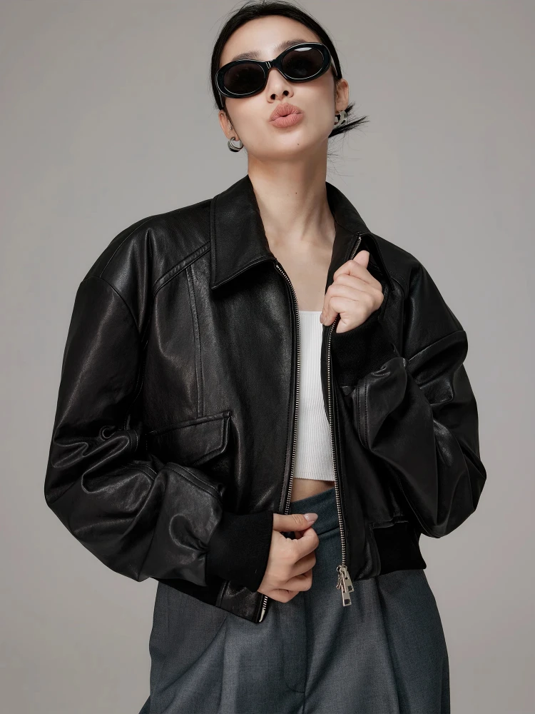 

Retro Genuine Leather Bomber Jacket for Women Spring Autumn 2026 New High-end Simple High Waisted Slim Short Real Sheepskin Coat
