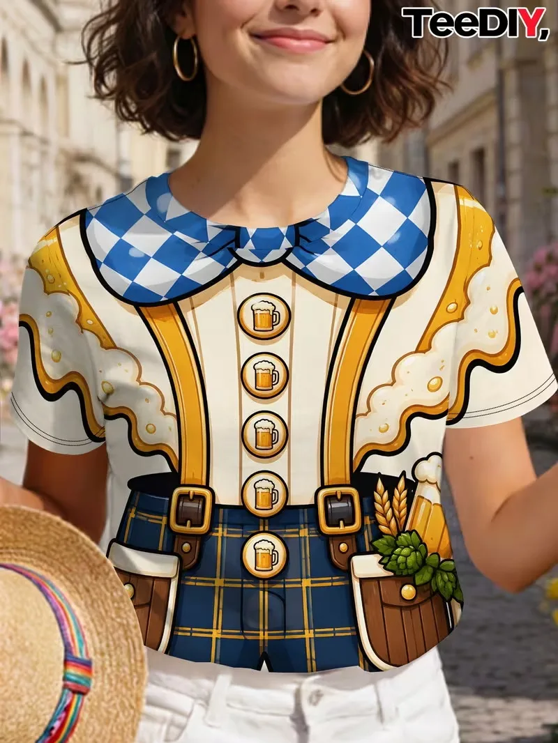 Women Oktoberfest Costume T‑Shirt Simulated Bavarian Dirndl Outfit 3D Print Beer Hop Short Sleeve German Festival Party Tees