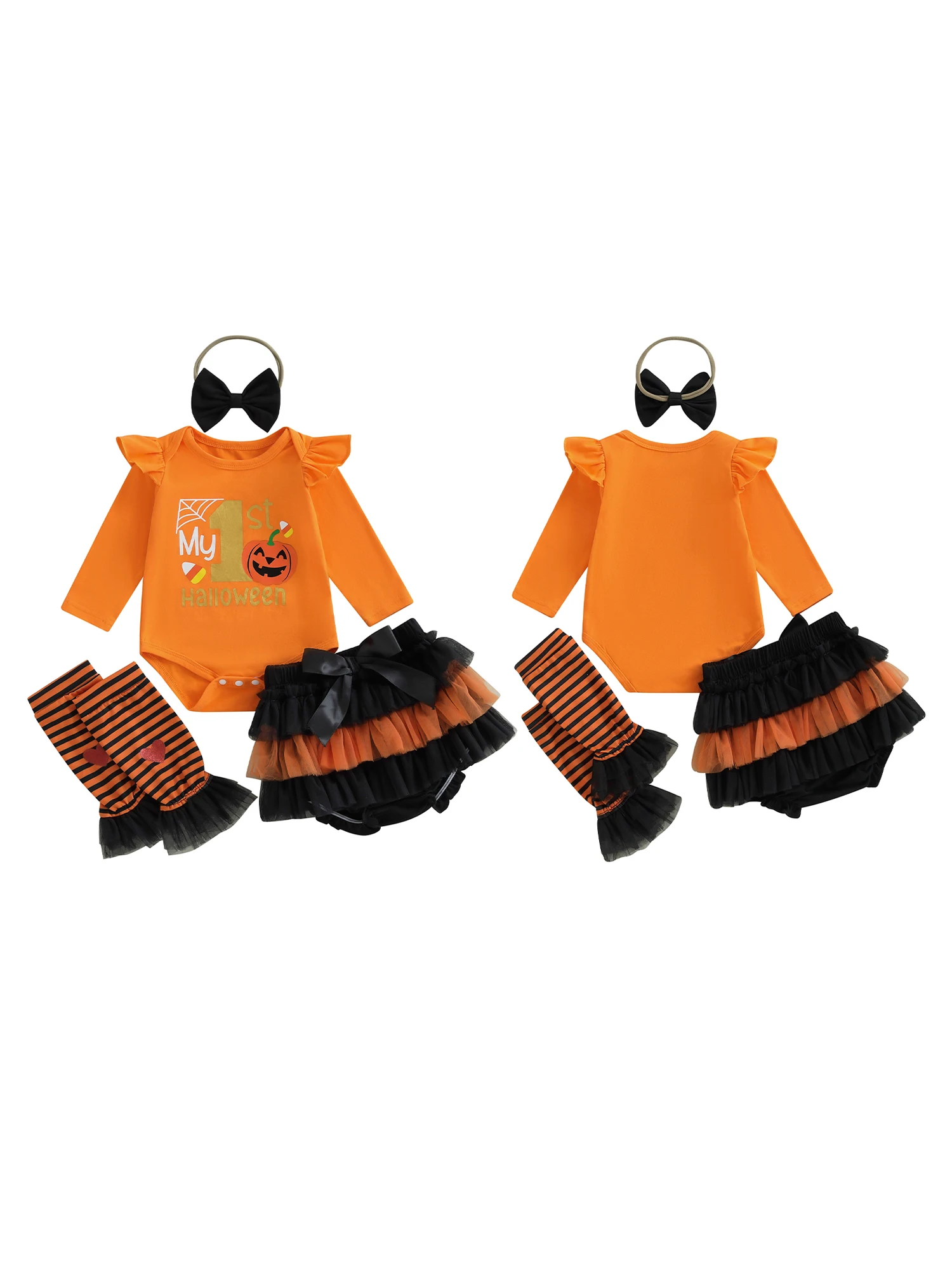 

Toddler Girl Halloween Outfit Set with Pumpkin Print Romper Tutu Skirt Headband and Striped Stockings for a Spooky Look