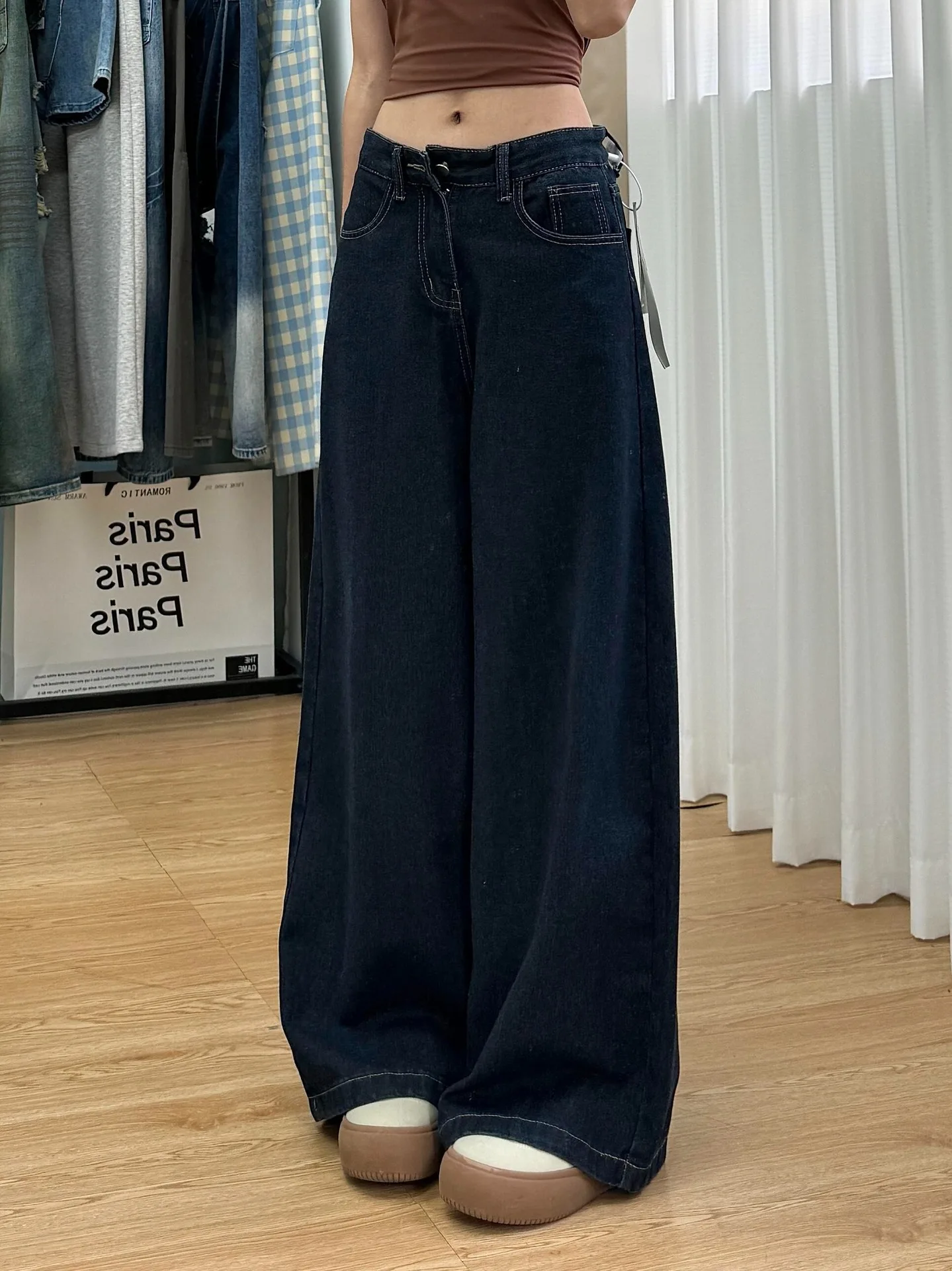 Chic Vintage Navy Blue Wide Leg Jeans Women High Waist Slim Fit Straight Leg Pants Minimalist Draping Floor Length Denim