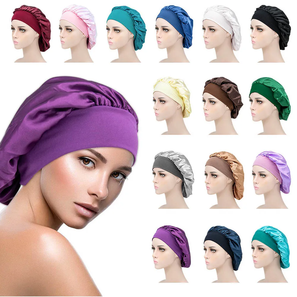 

Elastic Head Cover Lady Women Hair Care Silk Night Sleep Satin Bonnet Shower Caps Hair Cap Sleeping Hat