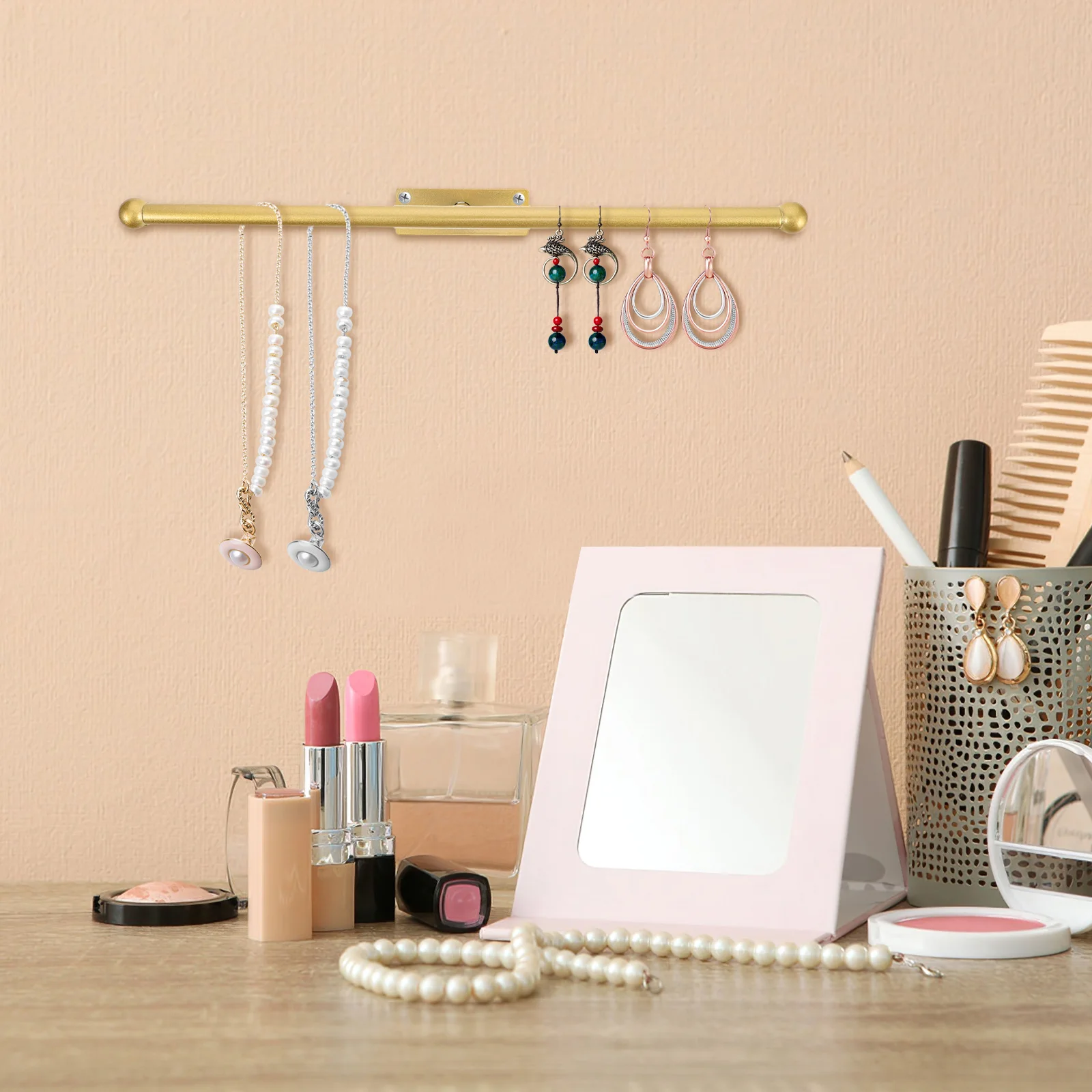 

Wall Mounted Necklace Storage Rack Golden Holder Ring Stands Wall Jewelry Organizers DIY Iron Racks Hanging Display