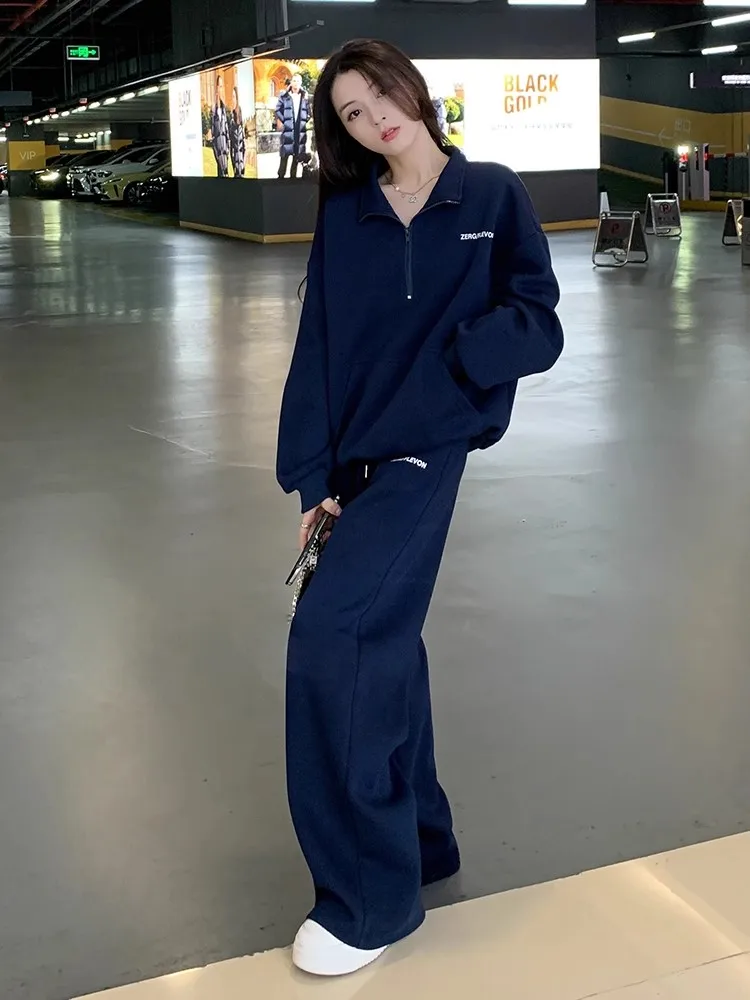 

Faionable Loose Fit Sportswear Set Women's Autumn Winter New Arrival Hoodie Jaet f Zipper Two Pieces Set in Royal Blue