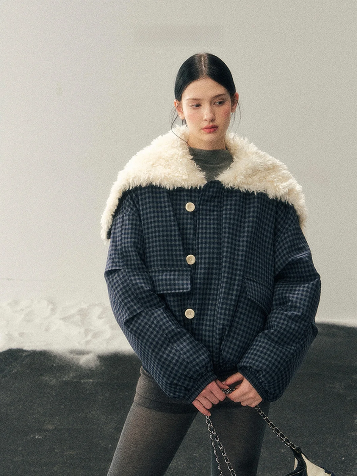 

Aomalm Women's Cotton Jaet Navy Collar Down-Alternative Coat Long Sve Straight Cut Winter Outerwear k Blue Flannel