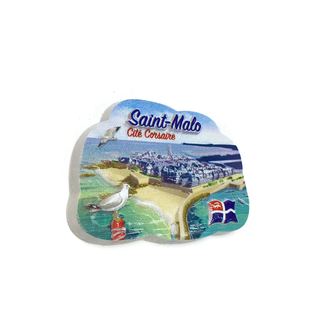 مغناطيس ثلاجة من الراتنج ثلاثي الأبعاد - سانت مالو، فرنسا (مدينة القراصنة) مع طيور النورس ثلاثية الأبعاد، المنارة، العلم، والمواطن #4