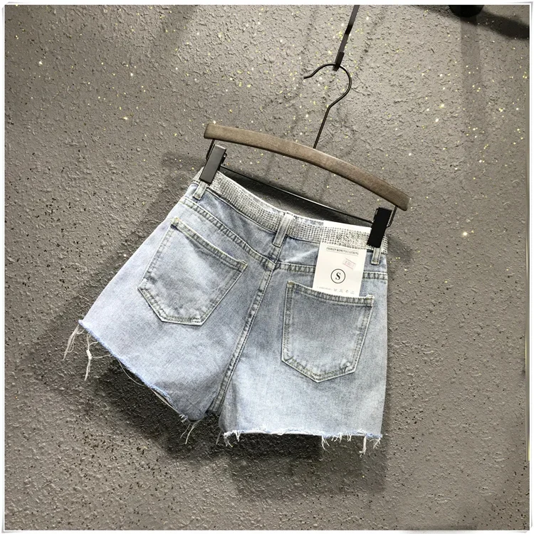 Summer Ladies Womens High Waisted Rhinestone Tassel Ripped Irregular Blue White Denim Shorts , Woman Korean Jeans Shorts