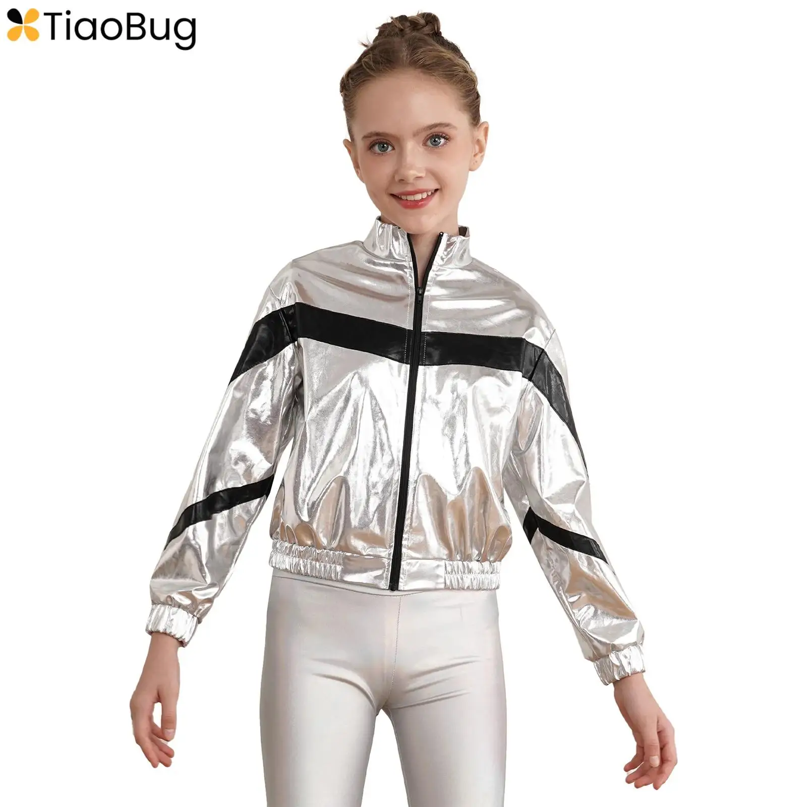 Kids Girls Jazz Dance Hip-Hop Dance Top Jacket Coat Metallic Shiny Zipper Contrast Color Long Sleeve Disco Party Costume