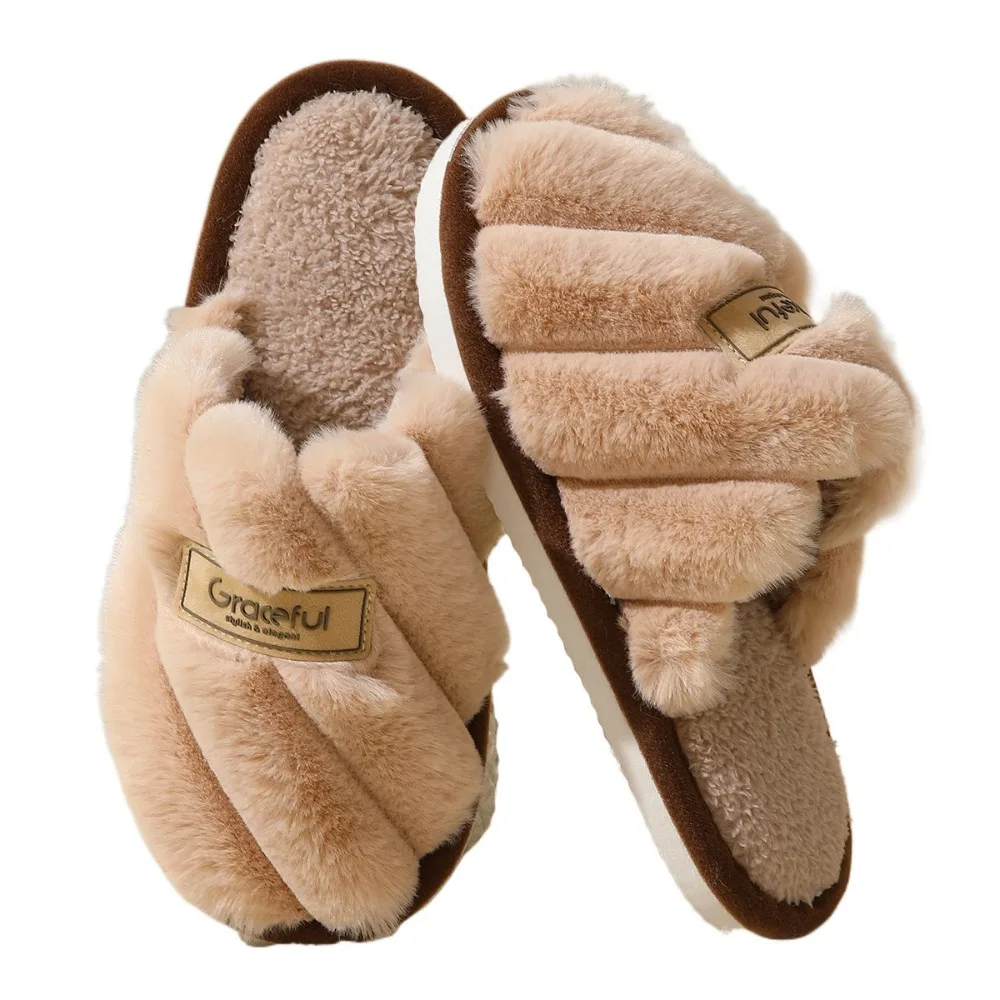

Durable Stripe Plush Slippers Fluffy Thicken Warm Soft Home Slippers Homewear Shoes Non-Slip Fleece Slippers Winter