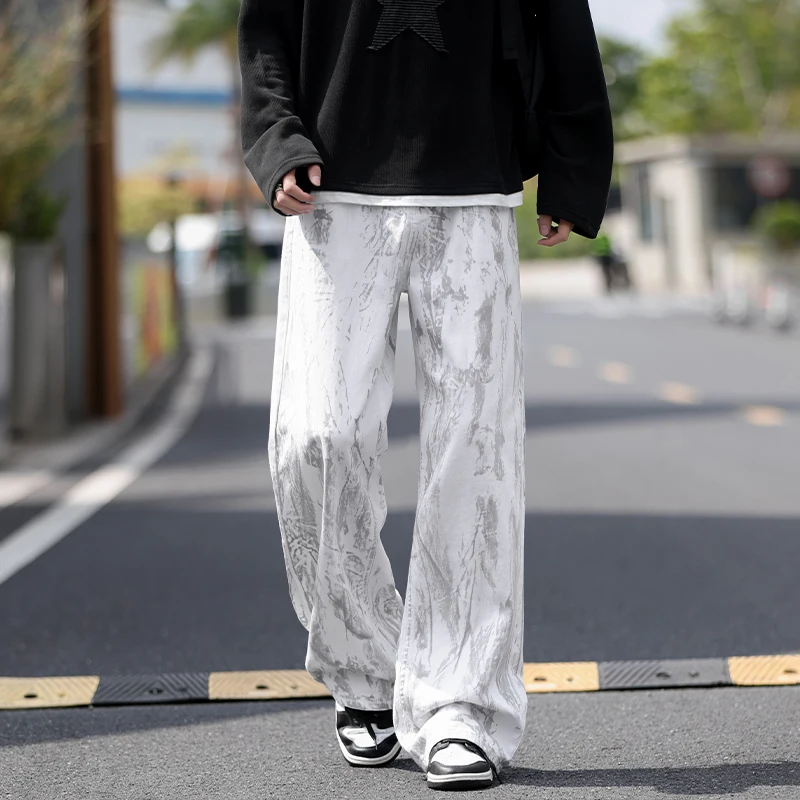 Jeans Mens Classic Straight Leg Jeans White Tie Dye Denim Pants Unisex Fashion Casual Trousers Streetwear Hip Hop Style Washed