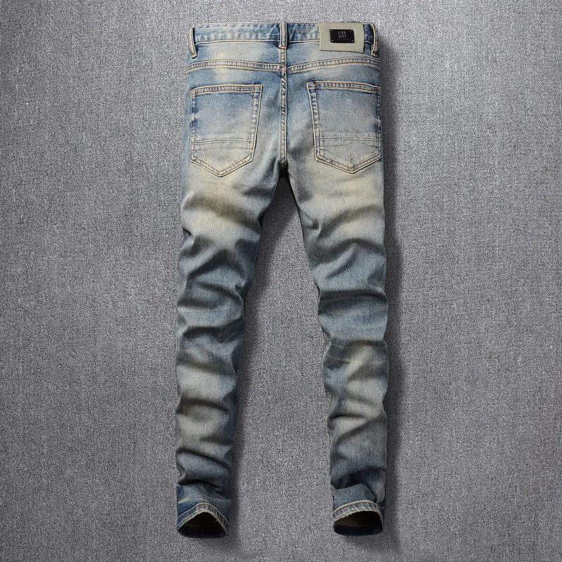 Streetwear Fashion Men Jeans High Quality Retro Washed Blue Stretch Slim Fit Ripped Jeans Men Vintage Designer Denim Pants