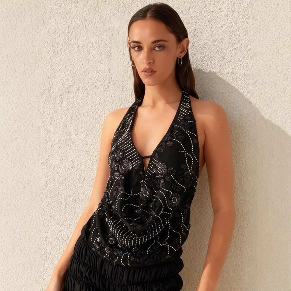 

Street Hollow Sequin Top V-neck Sleeveless Halterneck Women's Summer New Sexy Backless Slim Solid Color Top Ropa De Mujer