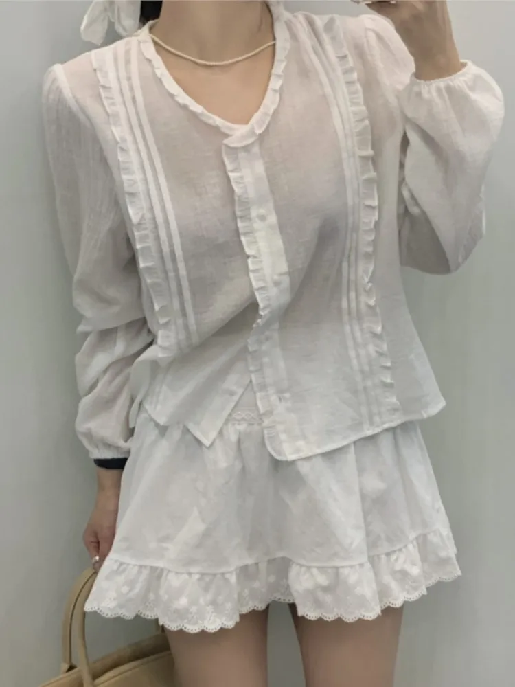 Two 2 Piece Set Autumn Pleated Long Sleeve Shirt Women Round Sweetheart Lace Trim + Half-length Lace Edge Ladies Skirt Sets