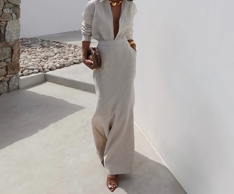 New Women's Clothing Style Elegant Lapel Long Sleeved Shirt High Waist Slimming Half Skirt Two-piece Set