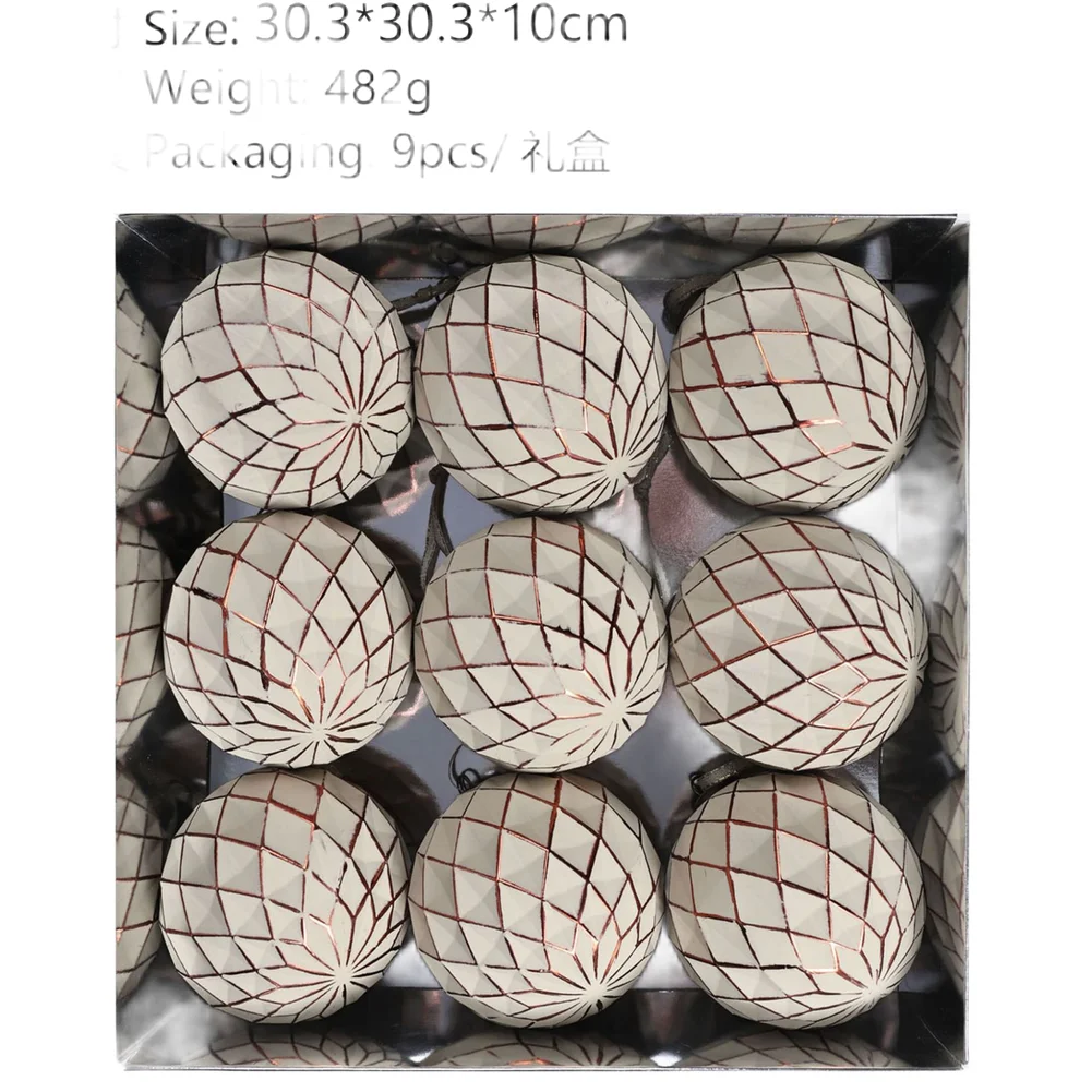 9pcs Cream Christmas Ornaments 10cm Plaid Ball Set European Style Hand Painted Quilted Polystyrene Hanging Decor For Tree Wreath