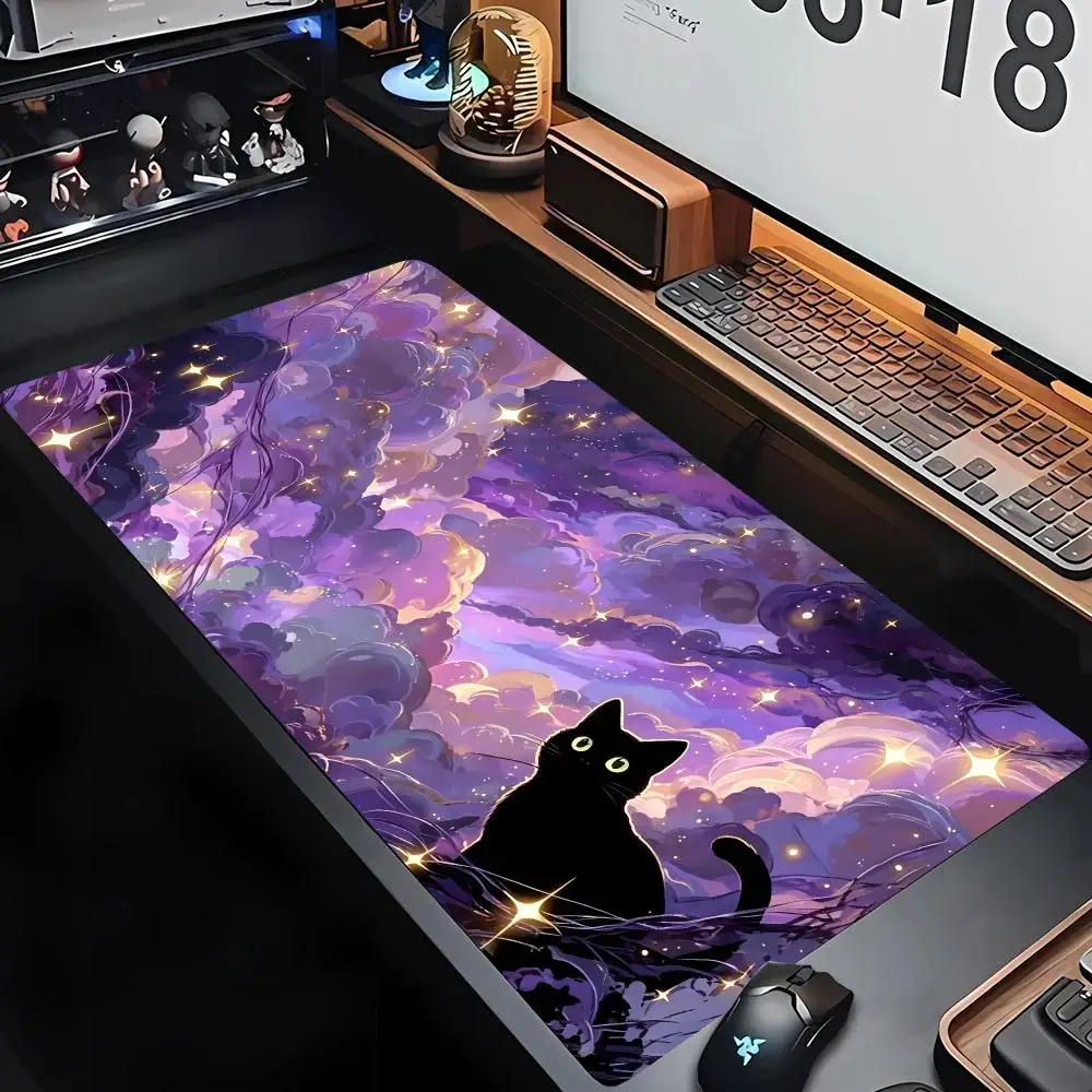 Anti Fade Smooth Purple Nebula Black Cat Table Mat Mousepad High Definition Star Print For Bedroom Gaming Desktop Zones