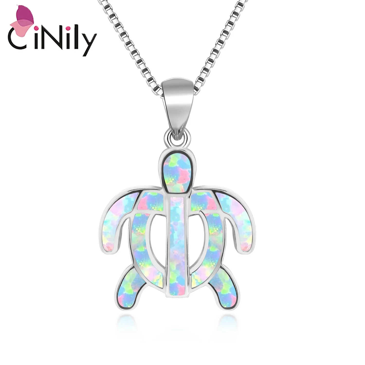 CiNily Created White/Blue Fire Opal Silver Plated Tortoise shaped Pendant Necklace For Women Jewelry Christmas Gifts 1 3/8