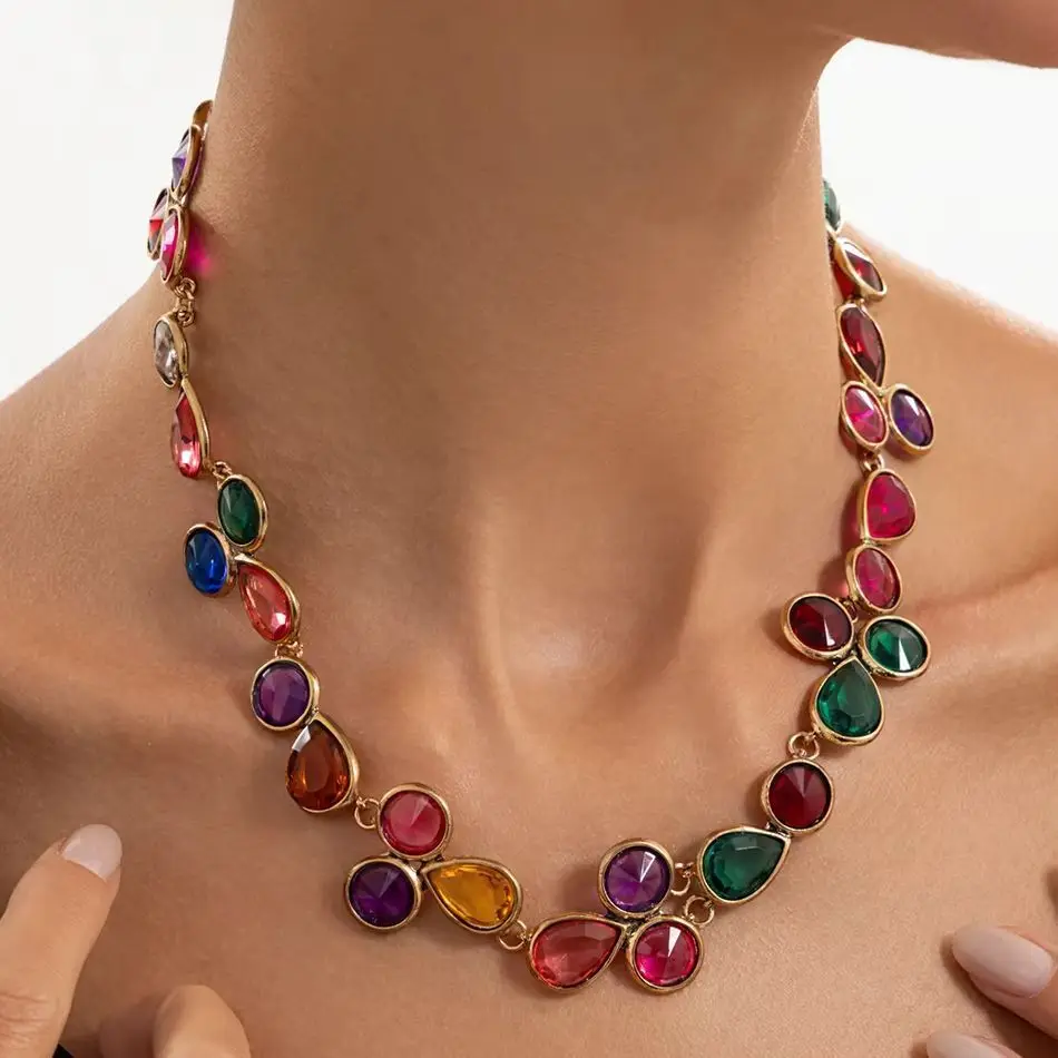SHIXIN Vintage Exquisite Colorful Glass Rhinestone Crystal Choker Necklace Women Teardrop Clavicle Chain Jewelry Neck Accessorie