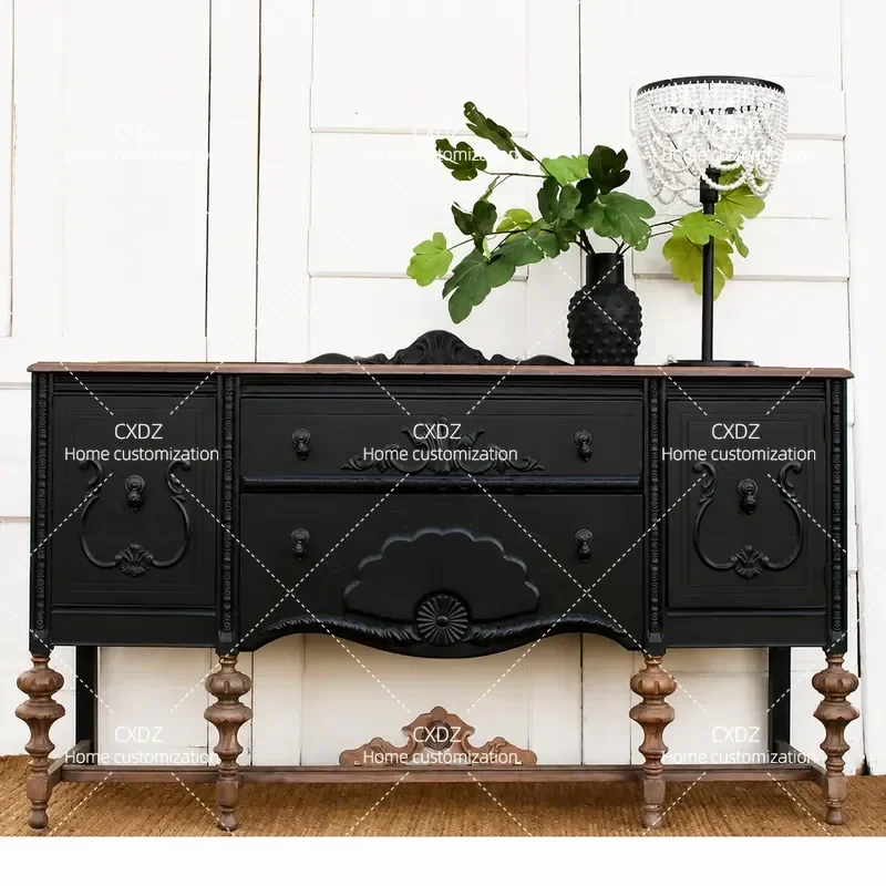 Solid Wood Carved Entrance Cabinet Neoclassical Living Room Storage Dining Sideboard American Corridor Decorative Console