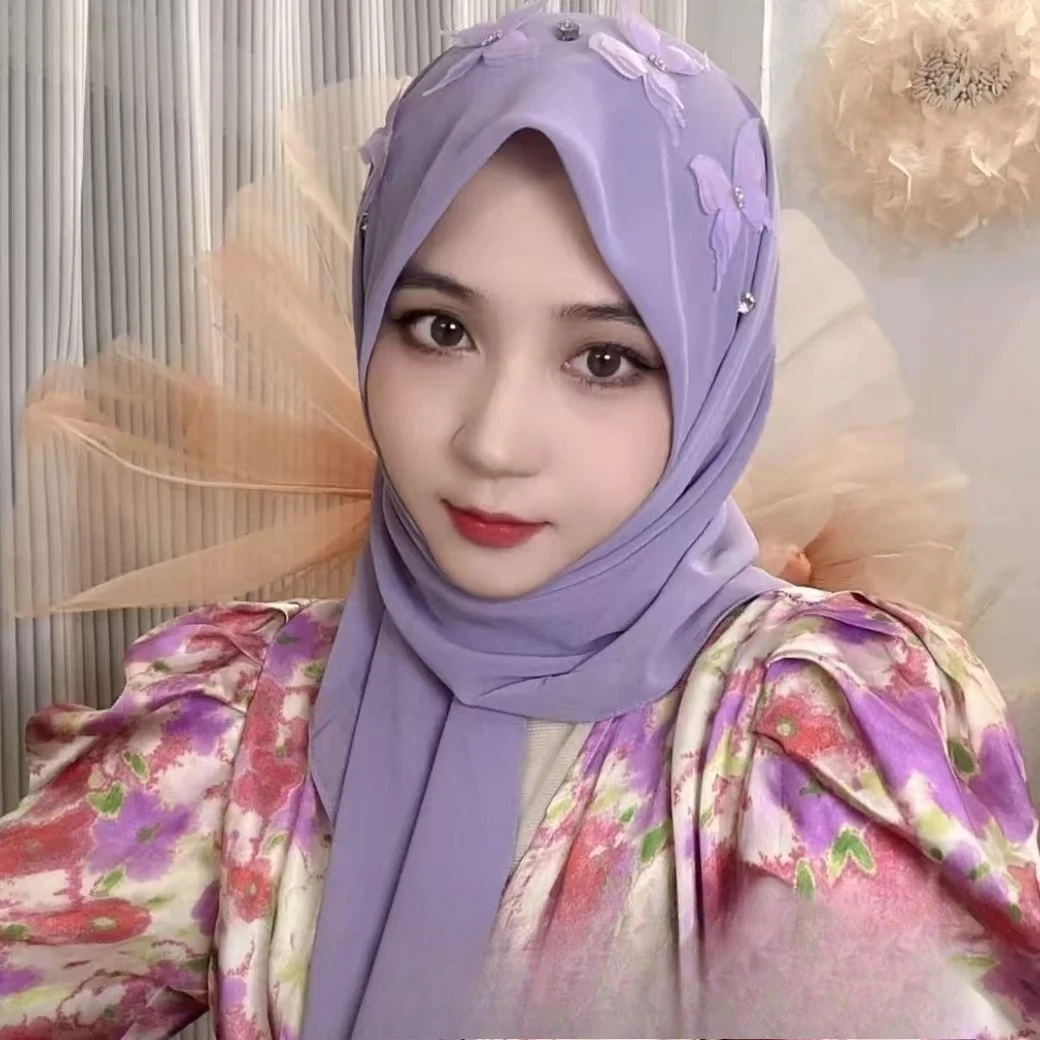 

Новые женские хиджабы 2026 года: мусульманские платки из шифона с бисером для дома и вечеринок, фиолетово-синие шарфы с бантом, африканские хиджабы для девушек, 87x87 см