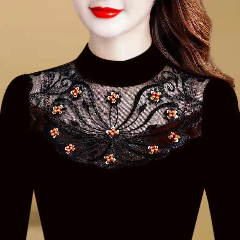 Fleece Lined Mesh Hollow out Thick Long Sleeve T-Shirt Women's Base Shirt Half Collar Black Lace Warm Top Commute Style Korea...