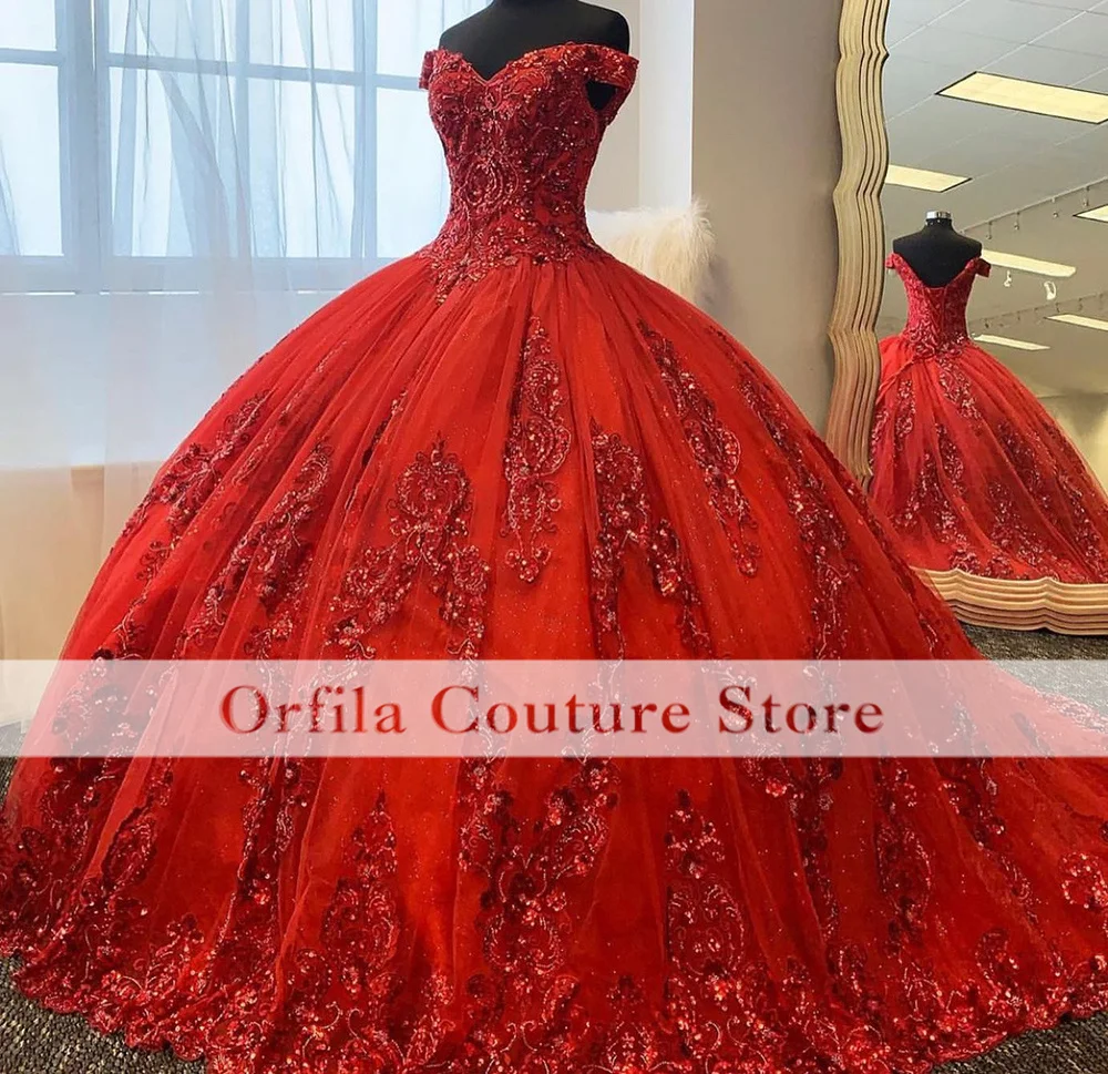 Orfila Red Princess Quinceanera Dresses With Cape Sequin Applique Volume vestidos de 15 años Green Pageant Dress Customized