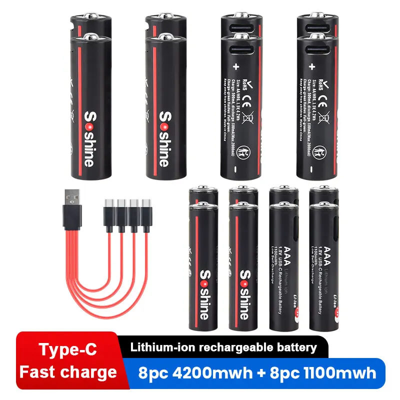 Soshine USB Li-ion Batteries 1.5V AAA Battery AAA and AA USB Lithium-ion Rechargeable Batteries USB 4200mWh 1.5V AA +1100mWh