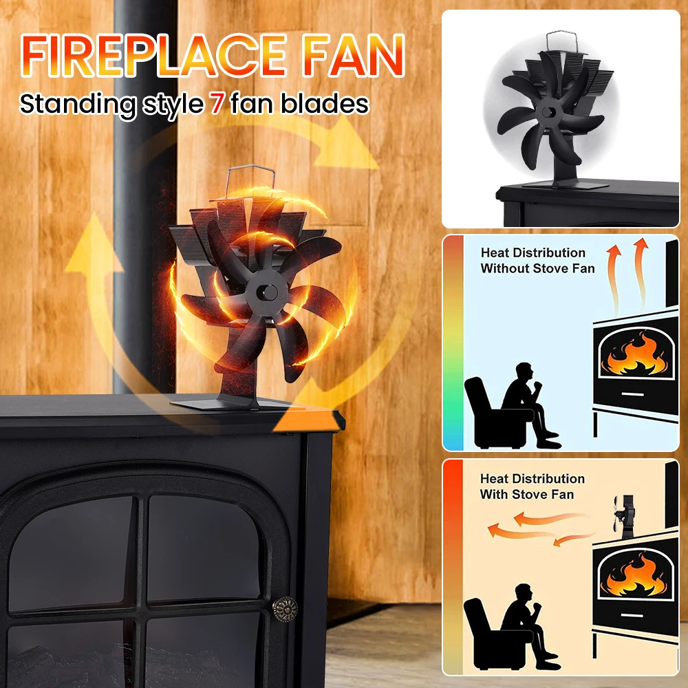 Black Stove Fan 7 Blade Heat Powered Fireplace Fan Log Wood Burner Eco Quiet Stove Fan Heater Home Efficient Heat Distribution