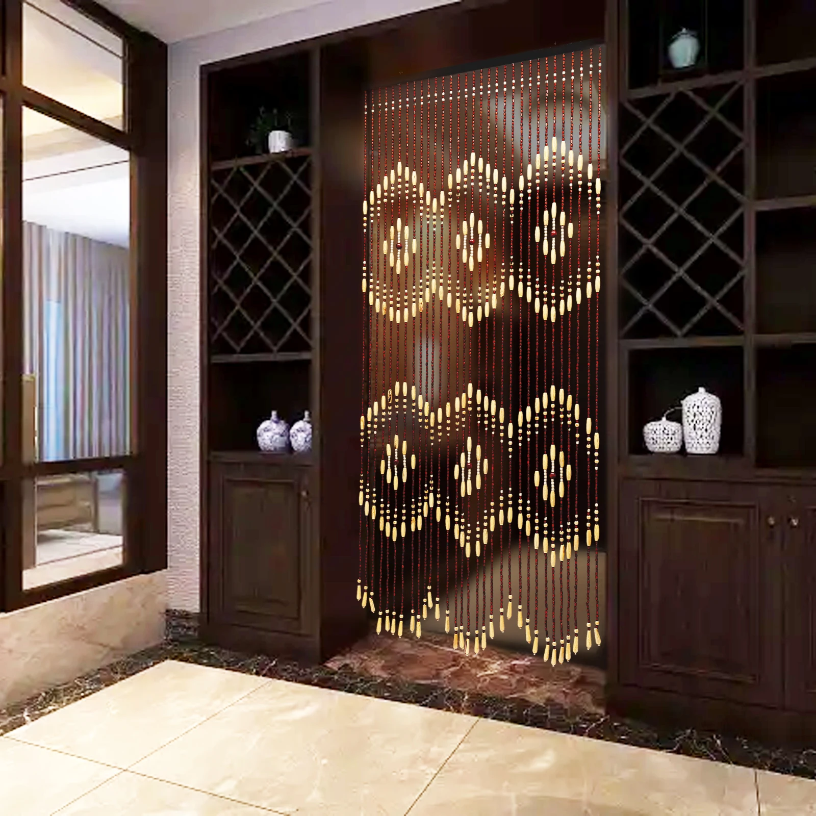 

90*175cm Bohemian Natural Wooden Door Beaded Curtain, Bamboo-Style Doorway Decoration with 31 Bead Strands