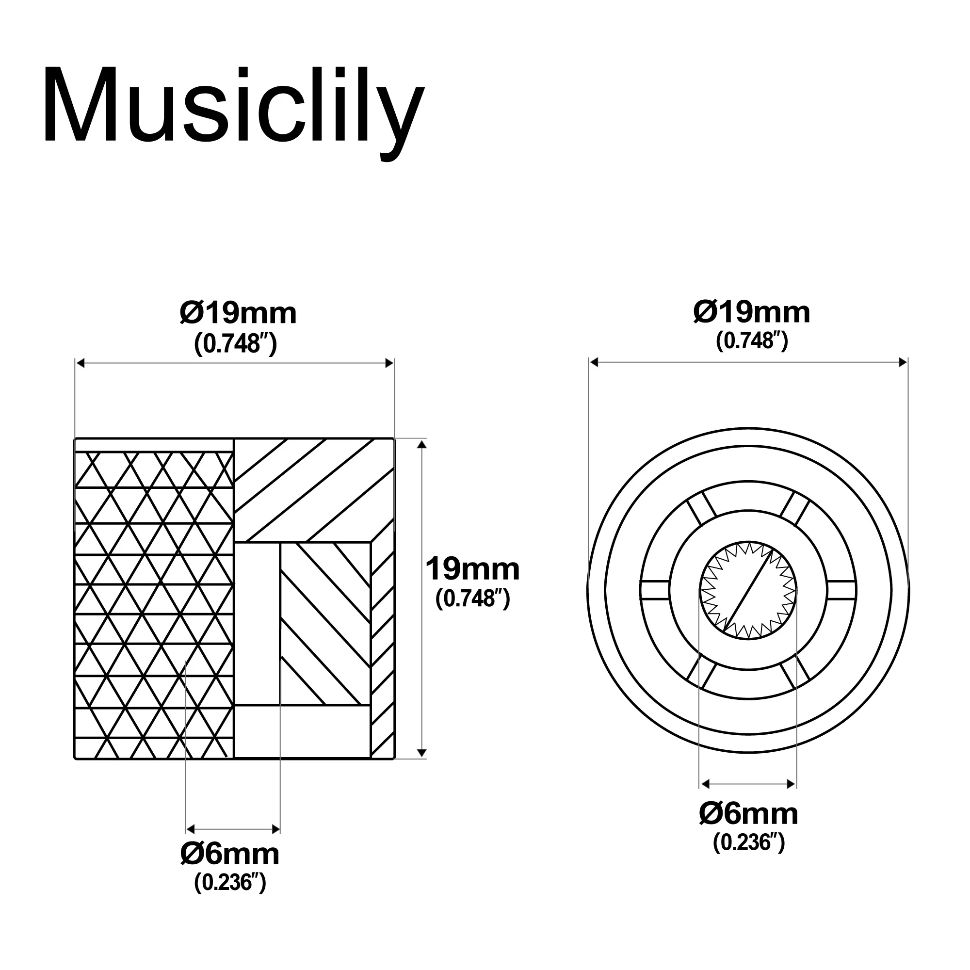 Musiclily Pro Fine 24 Splines Steel Flat Top Push-on Control Knob 19mm for USA Made Guitar Bass Potentiometers (Set of 2)