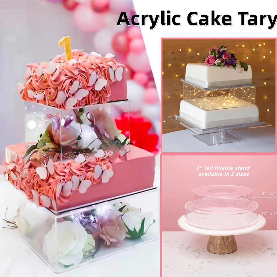 

Acrylic Square Round Cylinder Display Board Fillable Cake Stand with Hollow Bottom DIY Cake Discs Topper Party Supplies Decor