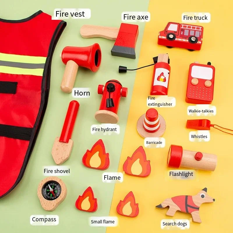 Play House Wooden Toy Firefighter Roleplaying Toys Simulation Fire Extinguishing Equipment Fire Engine Set for Kindergarten Kids