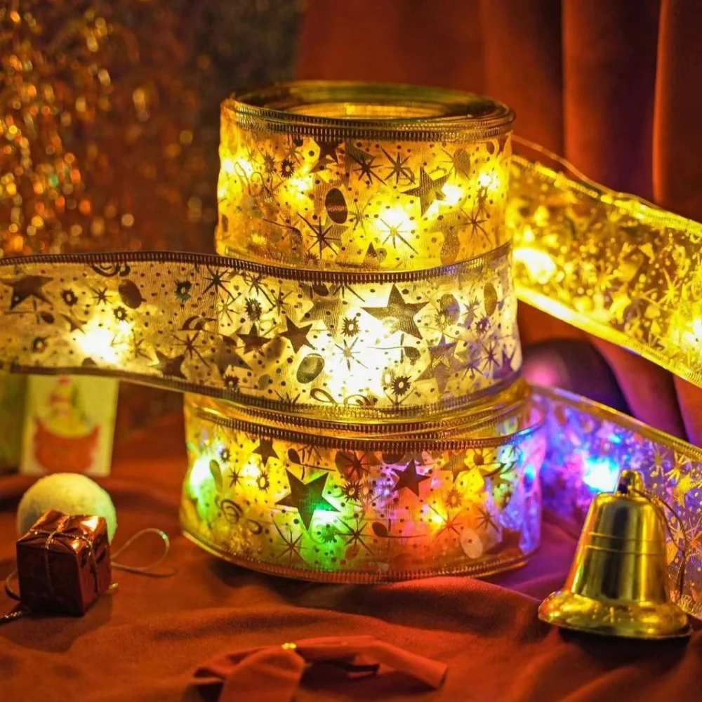 2/5/10M Christmas Ribbon with Lights Battery Power Indoor String Lights Xmas Tree Accessories Decoration for Christmas New Year