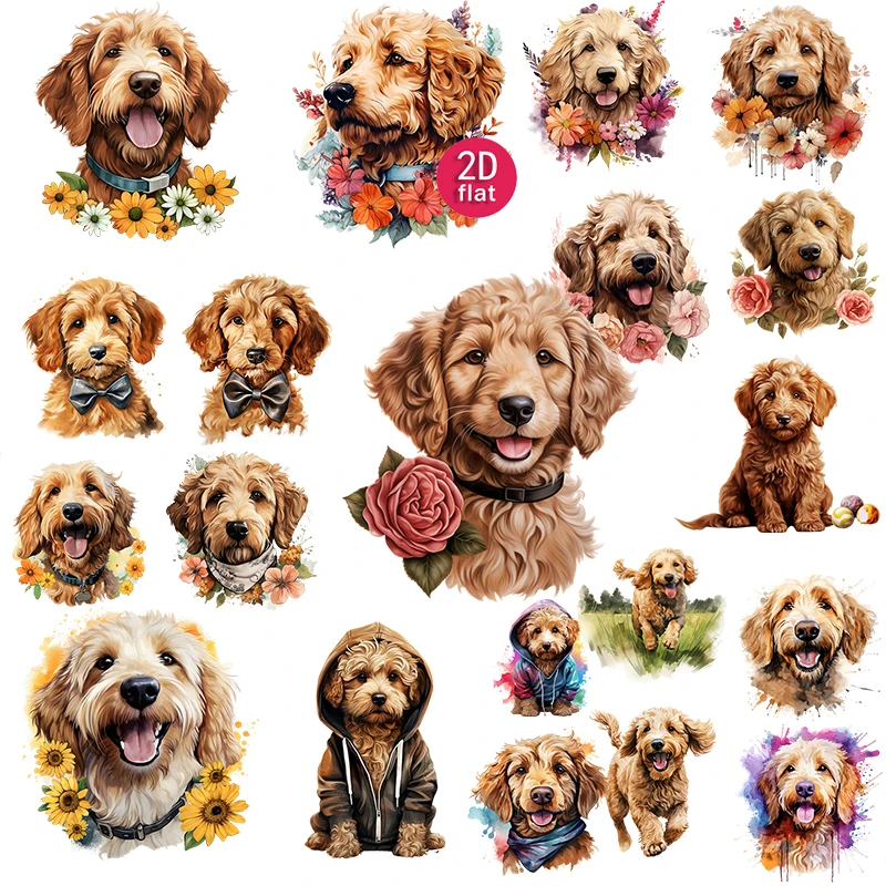 20pcs 2D flat Cute Watercolor Dog Stickers, Decorative Pet Golden Doodle Decals, Suitable for diaries and DIY scrapbook stickers