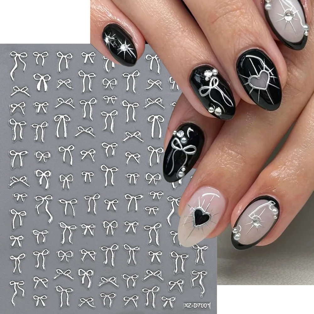 1Pcs 3D Metall Silber Bowknot Nail art Aufkleber Exquisite Band Selbst-Kleber Nägel Aufkleber Y2K Bogen Slider DIY maniküre Zubehör